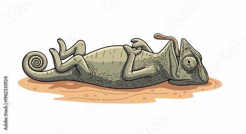 Cartoon chameleon lying on its back with its tongue sticking out