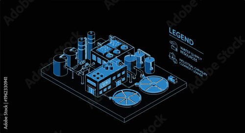 Blueprint style isometric view of a water treatment facility with a legend
