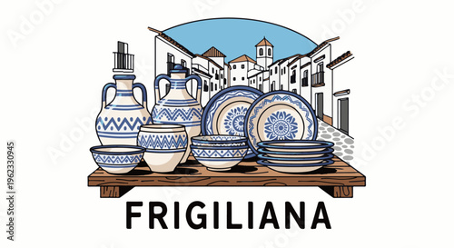 Ceramic dishes on a table before a Spanish village street