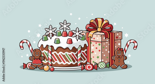 Christmas gingerbread house with gifts and candy canes