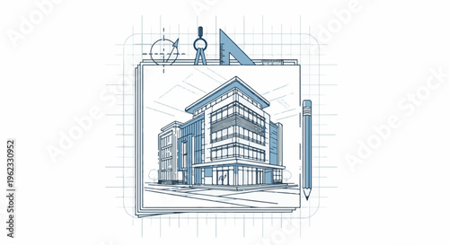 Blueprint sketch of a modern office building with drafting tools