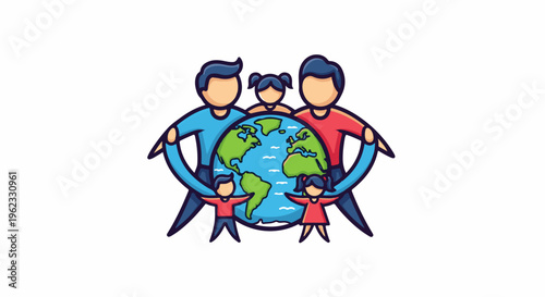 Cartoon family holding the Earth together, symbolizing unity and global care