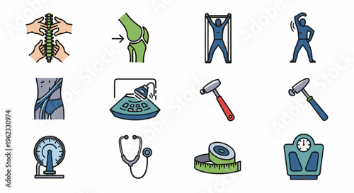 Collection of medical and health-related icons including body parts and tools