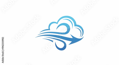Blue stylized cloud with streaks and arrow indicating wind direction