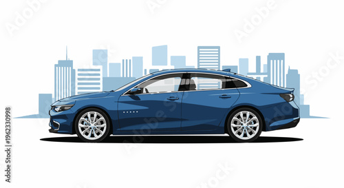 Blue sedan parked against a pixelated cityscape background
