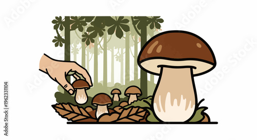 Cartoon hand picks mushrooms in a forest with fallen leaves