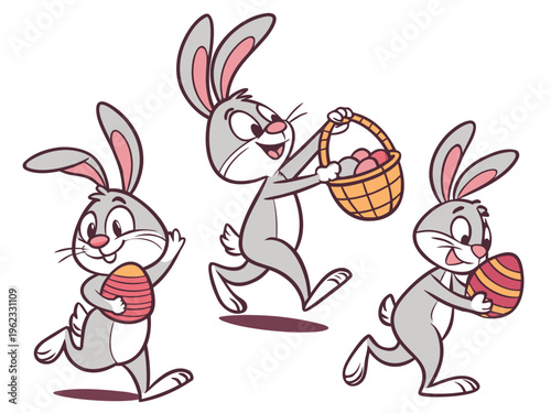 A vector illustration of three cartoon bunnies holding Easter eggs and a basket