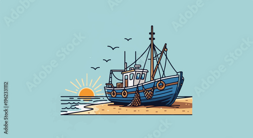Blue fishing boat resting on a sandy beach under a bright sunrise