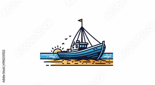 Blue fishing boat near shore with sunrise and birds flying