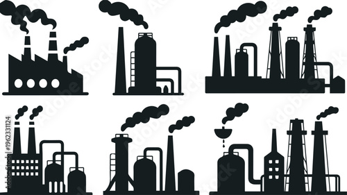 Manufacturing plant icons with chimneys and assembly lines