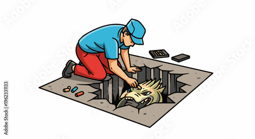 Cartoon of a person kneeling and interacting with a creature emerging from a crack in the ground