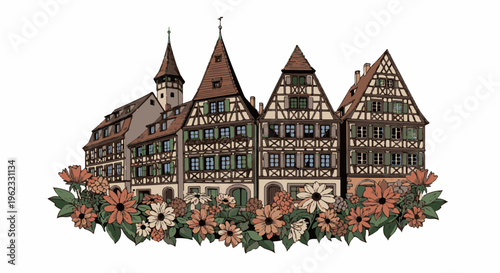 Charming half-timbered buildings adorned with vibrant floral arrangements