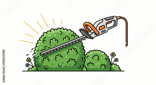 Cartoon hedge trimmer shaping a lush green bush with small flowers below