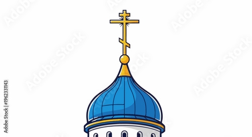 Blue domed building top with a golden multi-tiered cross on white