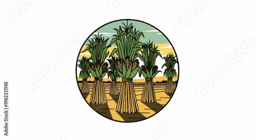 Circular emblem of harvested corn stalks tied into shocks in a field