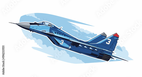 Blue fighter jet with number 3 on tail and body ascends in sky