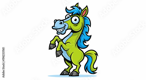 Cartoon horse with lime green body, blue mane, and wide grin