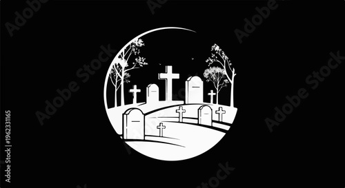Circular graphic of a graveyard with trees and crosses under a crescent moon