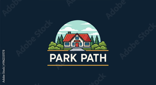 Cartoon house and trees under an arched sky with text "PARK PATH