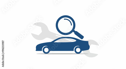 Blue car silhouette with magnifying glass and wrenches