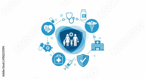 Circular healthcare icons with family protection at center
