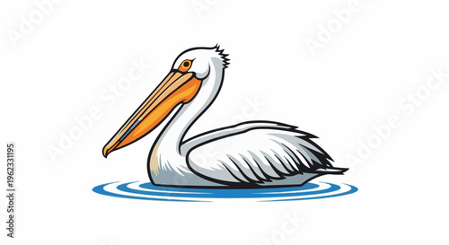 Cartoon pelican with orange beak swims in blue water ripples