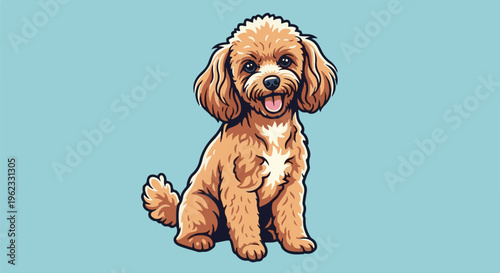 Cartoon illustration of a happy, curly-haired, light brown dog with dark eyes and an open mouth, sitting