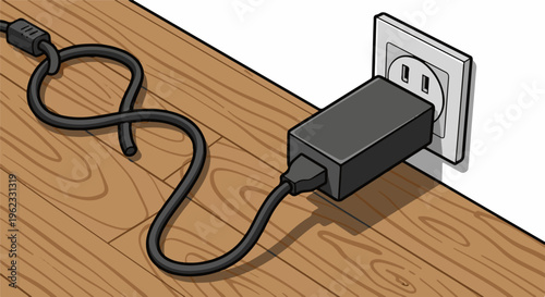Black power adapter plugged into wall outlet on wooden floor