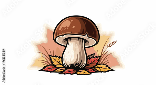 Cartoon illustration of a single mushroom surrounded by autumn leaves and grass