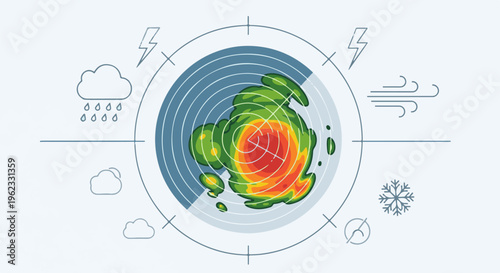 Circular weather radar displaying storm with surrounding weather icons