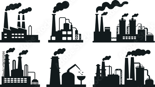 Refinery icons with tanks pipes and flare stacks