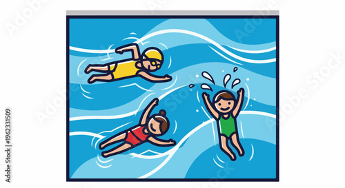 Cartoon illustration of three children swimming in a pool with blue wavy water