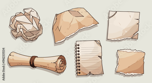 Collection of aged, torn, and rolled parchment papers on a neutral background
