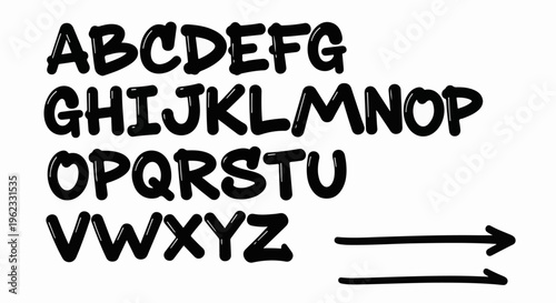 Bold, bubbly alphabet with two black arrows on a white background