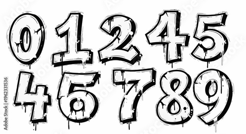Bold graffiti-style numbers 0 through 9 with dripping paint effect
