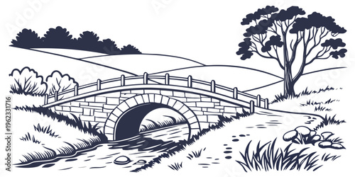 A stone bridge over a stream in a rural landscape