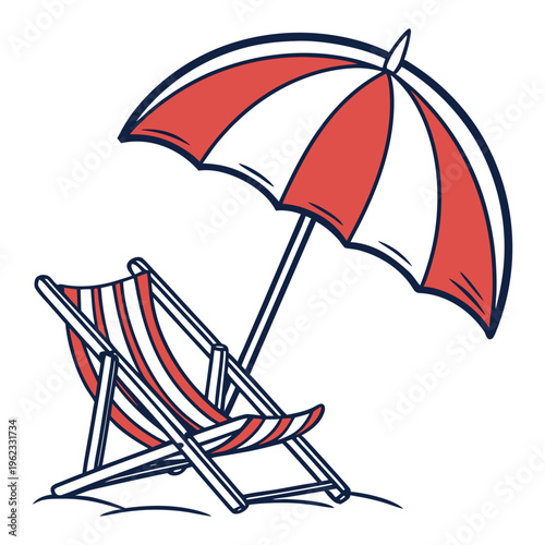 Red and white beach chair with umbrella