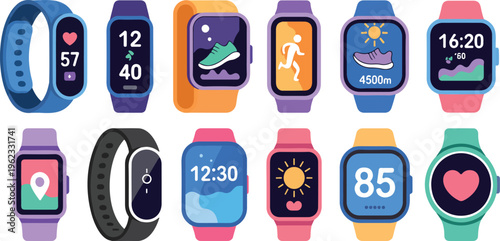 Activity tracker vector set with smart fitness band featuring heart rate monitor step counter and sport wrist watch application