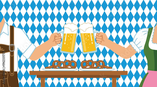 Friends enjoying a festive Bavarian gathering, raising beer steins in a joyful toast with traditional pretzels on a checkered background