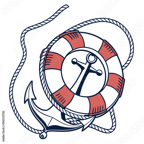Anchor and lifebuoy with rope