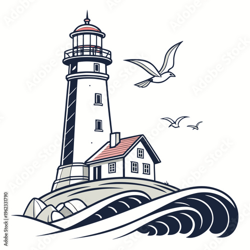 A lighthouse on a rocky coastline with seagulls flying overhead