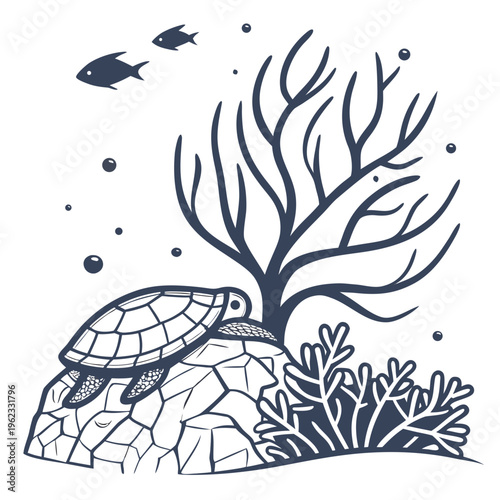 Turtle sitting on a rock near seaweed