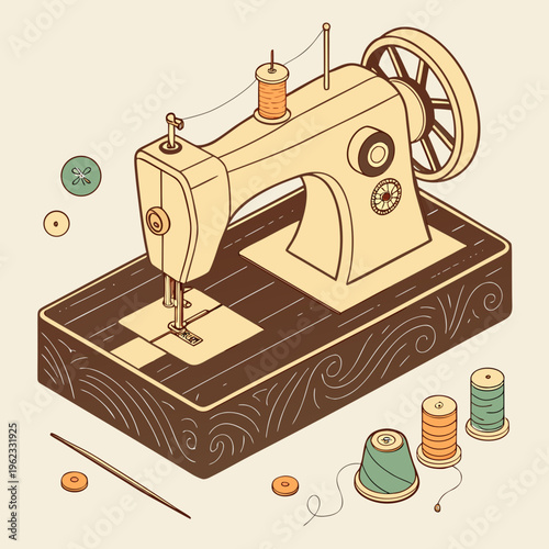 Vintage Sewing Machine with Thread Spools and Buttons Vector Illustration