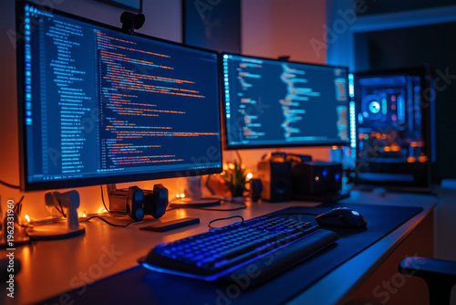 An image shows a programmer’s desk with multiple monitors displaying code. Describe the tools, programming environment, and productivity techniques visible