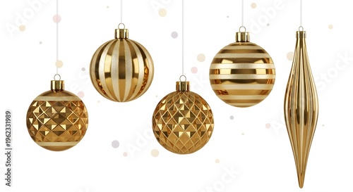 Gold christmas ornaments isolated on transparent background
