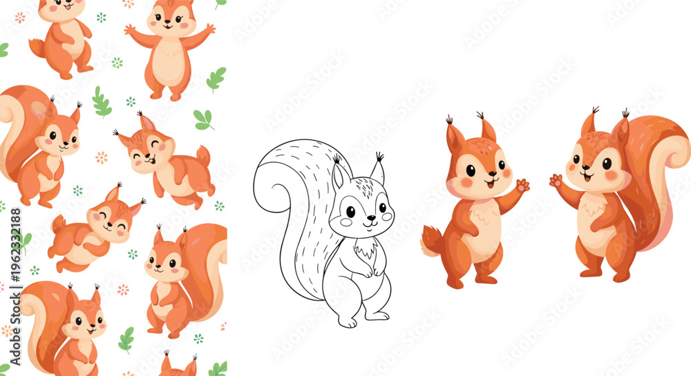 Naklejka premium Cute Squirrel Cartoon Character Set with Multiple Poses Seamless Pattern and Outline Sketch Adorable Forest Animal Vector Collection for Kids Design