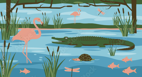Green Crocodile Swimming in Swamp with Flamingo and Turtle.