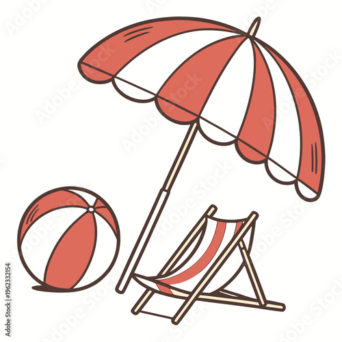 Red and white beach chair and umbrella with ball