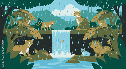 Group of Domestic Animals Enjoying Rainy Weather.