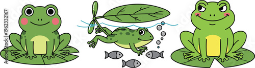 Cute cartoon frog vector illustration set featuring smiling frogs on lily pads and underwater frog with dragonfly, playful hand-drawn amphibian designs perfect for kids and education